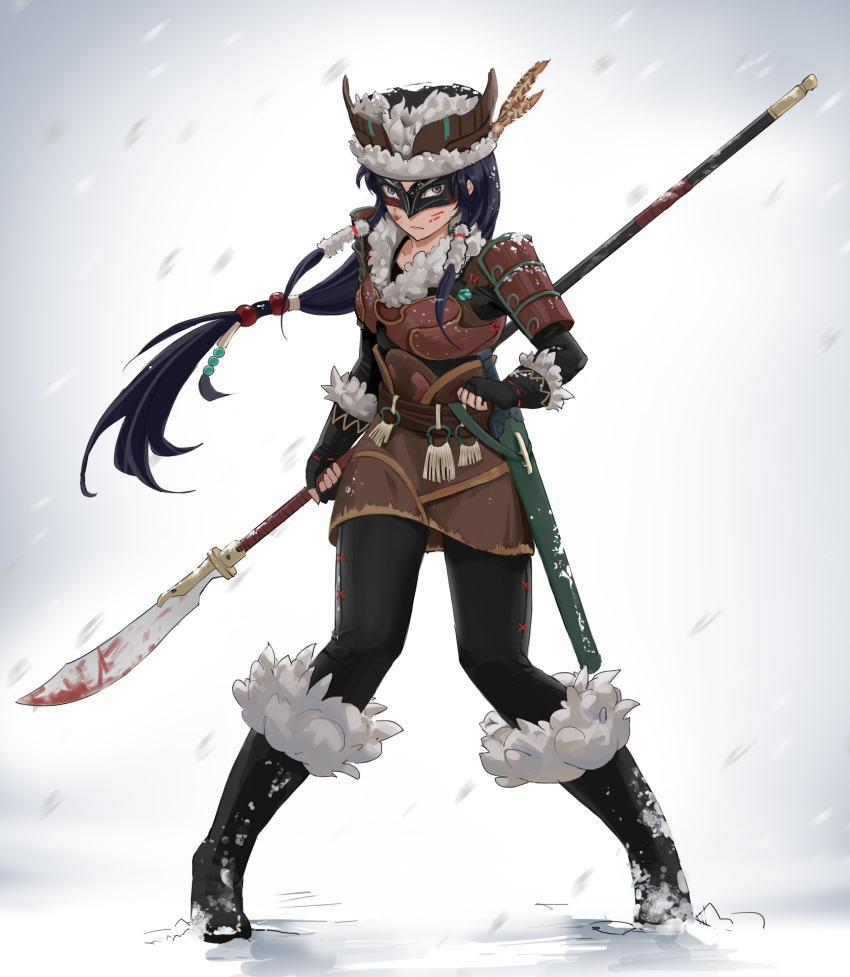 absurdres armor black_hair facial_mark glaive highres long_hair mask original skirt snow solo sword weapon whisker_markings youguang_liangliang