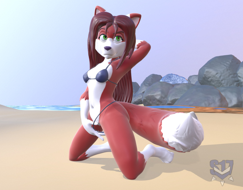 2018 3d_(artwork) barely_visible_genitalia barely_visible_pussy beach bikini breasts butt canine cat clothing digital_media_(artwork) feline female fox fur green_eyes hair hybrid linda_wright mammal micro_bikini panties panty_pull pussy red_fur red_hair seaside simple_background solo sorok17 swimsuit underwear white_stomach