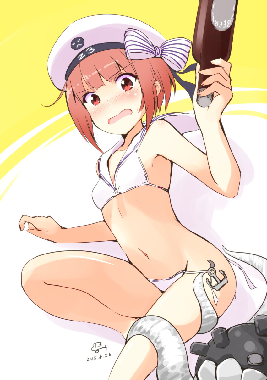 2018 absurdres beer_bottle beret bikini blush bottle brown_eyes brown_hair collarbone dated enemy_naval_mine_(kantai_collection) eyebrows_visible_through_hair hat highres holding holding_bottle kantai_collection looking_at_viewer minidraco navel nose_blush number open_mouth sailor_collar short_hair sitting sweatdrop swimsuit tentacles untied untied_bikini white_bikini white_hat z3_max_schultz_(kantai_collection)