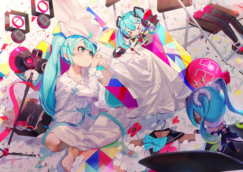 &gt;_&lt; 3girls balloon blue_eyes blue_hair blue_nails blush blush_stickers chair chibi clothes_hanger clothes_removed earbuds earphones el-zheng facing_away hatsune_miku headphones highres legwear_removed long_hair looking_at_another magical_mirai_(vocaloid) minigirl multiple_girls nail_polish school_uniform serafuku sitting smile twintails very_long_hair vocaloid