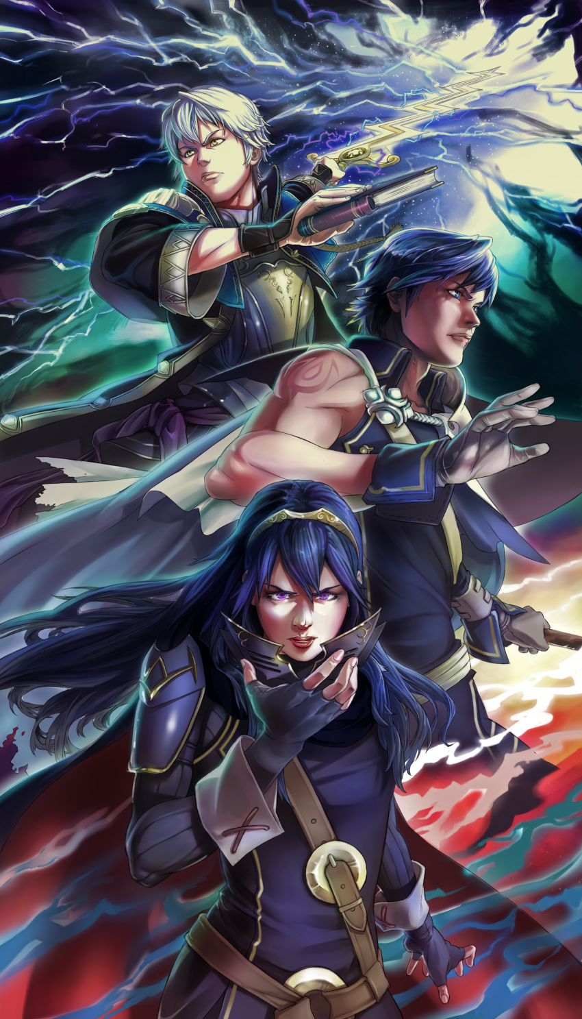 2boys absurdres armor bangs belt blue_dress blue_eyes blue_hair book breastplate cape cloak closed_mouth commentary dress electricity english_commentary facing_viewer father_and_daughter fingerless_gloves fire_emblem fire_emblem:_kakusei fire_emblem_heroes gloves grey_gloves hair_between_eyes highres holding holding_book holding_mask holding_sword holding_weapon huge_filesize krom lightning long_hair lucina magic male_my_unit_(fire_emblem:_kakusei) mask multiple_boys my_unit_(fire_emblem:_kakusei) parted_lips purple_eyes ribbed_sleeves robe shirt short_hair shoulder_armor silver_hair sleeveless sleeveless_shirt strap sword tattoo tiara vkliza weapon yellow_eyes