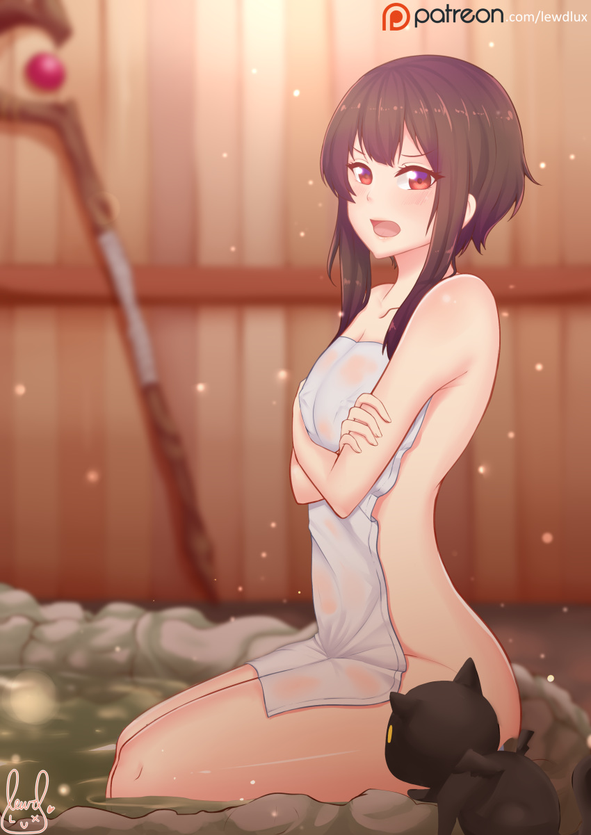 absurdres bath black_hair blush cat chomusuke covered_nipples highres kono_subarashii_sekai_ni_shukufuku_wo! lewdlux looking_at_viewer megumin naked_towel nude onsen open_mouth red_eyes rock short_hair soaking_feet staff steam towel water wet