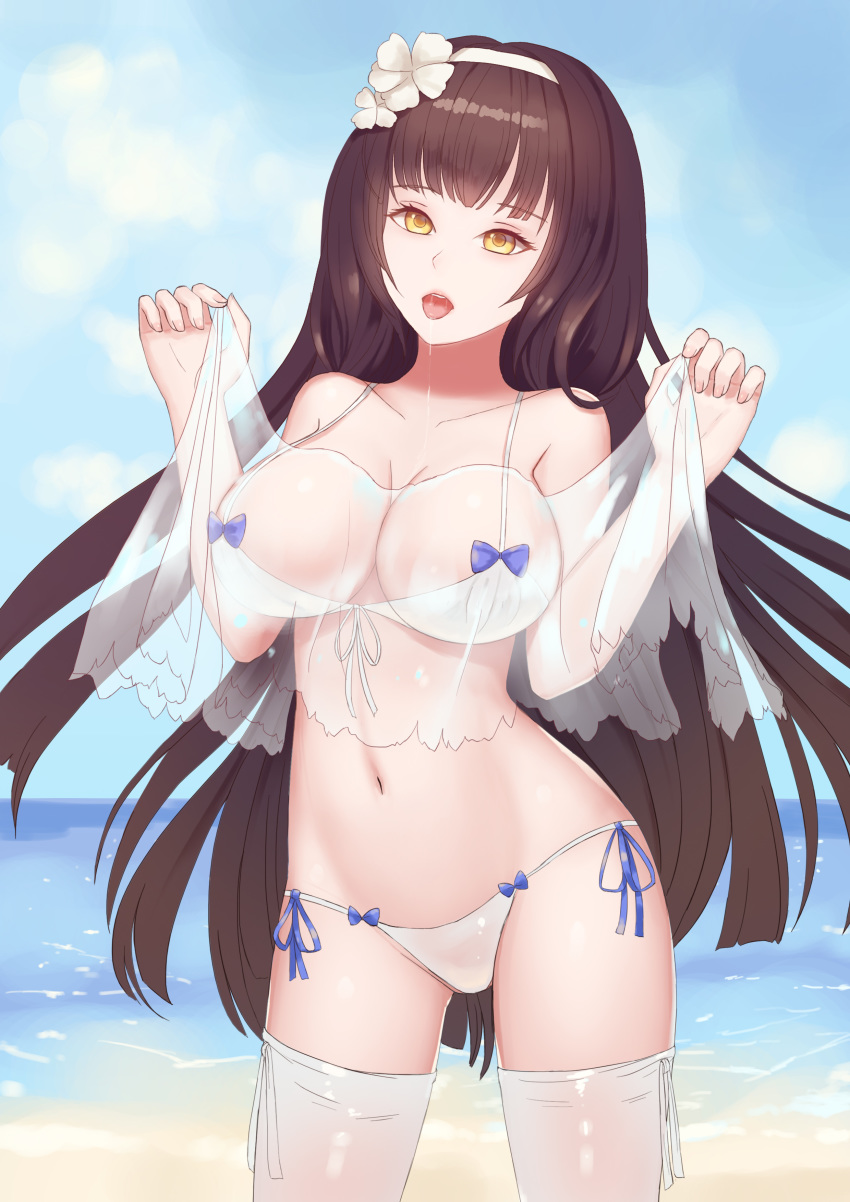 :o absurdres bad_id bad_pixiv_id bikini blue_sky breasts brown_eyes cleavage day flower girls_frontline hair_flower hair_ornament hairband hands_up highres large_breasts long_hair ocean outdoors qbz-95_(girls_frontline) rinmmo saliva see-through sky standing swimsuit thighhighs thighs very_long_hair water wet wet_clothes white_bikini white_flower white_hairband white_legwear