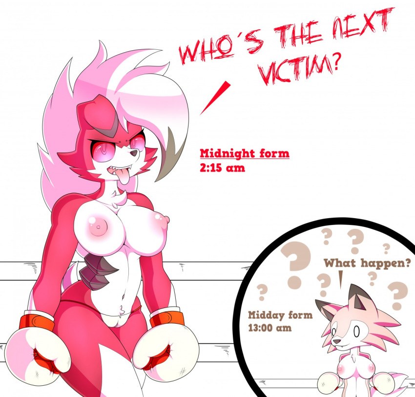2018 anthro boxing_gloves breasts brown_fur canine confusion english_text female fur looking_at_viewer lycanroc mammal midday_lycanroc midnight_lycanroc mlpboxing navel nintendo nipples nude open_mouth pok&eacute;mon pok&eacute;mon_(species) pussy red_eyes red_fur simple_background solo text tongue video_games white_background