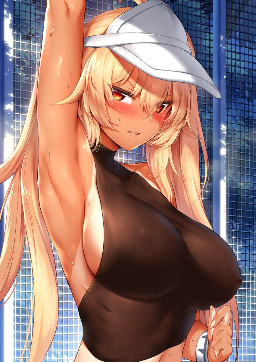 absurdres ahoge arm_up armpits black_rock_shooter blonde_hair blush breasts chariot_(black_rock_shooter) covered_nipples crop_top eyebrows_visible_through_hair fanbox_reward hair_between_eyes highres impossible_clothes impossible_shirt large_breasts long_hair m-da_s-tarou one-piece_tan outdoors paid_reward parted_lips red_eyes shiny shiny_skin shirt sideboob sleeveless sleeveless_shirt solo sweat tan tanline twintails visor_cap