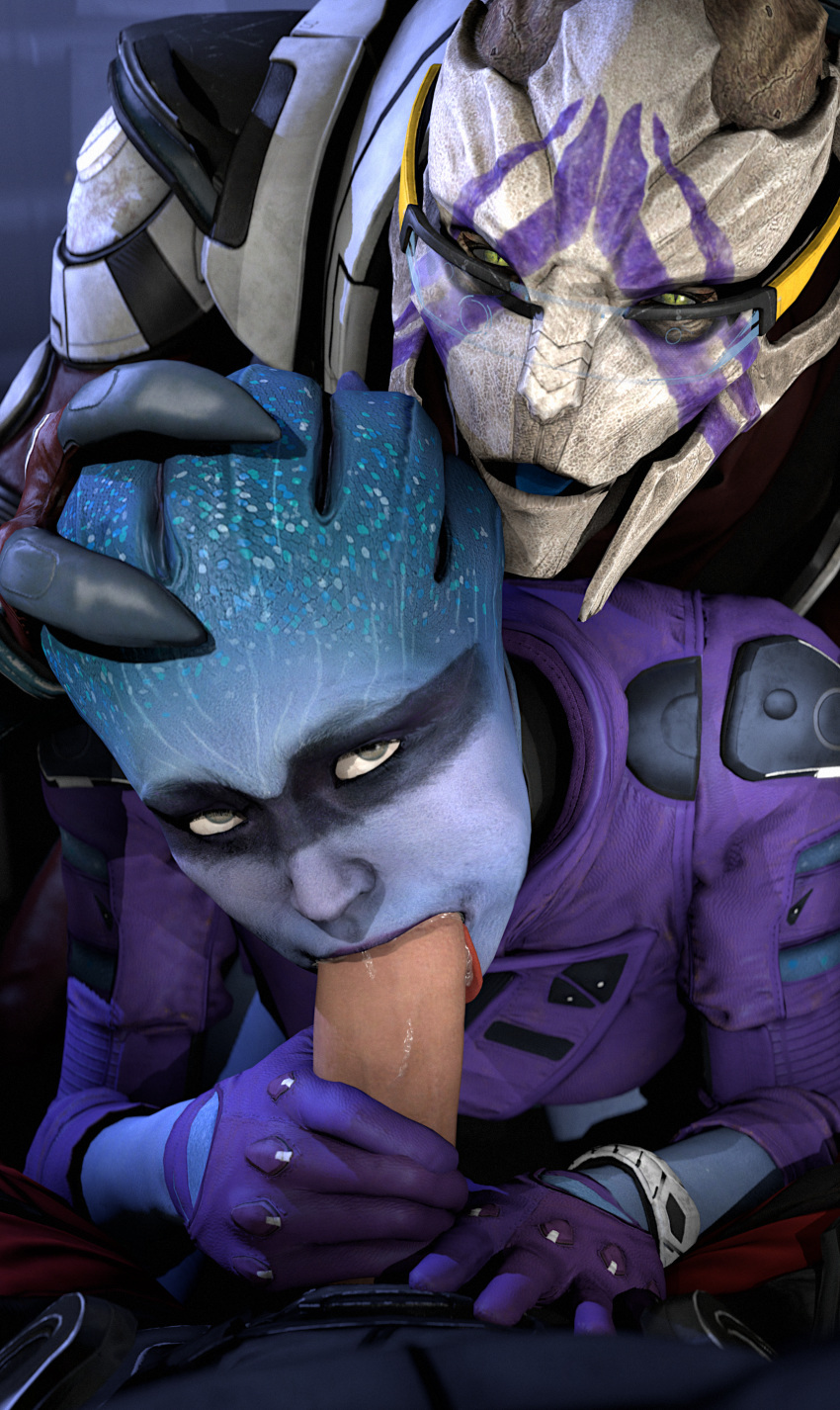 2018 3d_(artwork) alien armor asari clothed clothing dank_wankem digital_media_(artwork) erection fellatio female group group_sex hi_res human humanoid male male/female mammal mass_effect oral oral_penetration partially_clothed peebee penetration penis scott_ryder sex turian vetra_nyx video_games visor