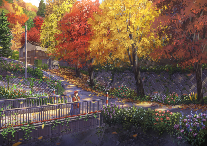autumn_leaves blue_skirt bridge brown_hair city dappled_sunlight day fence flower grass highres house long_sleeves niko_p original outdoors power_lines railing revision scenery skirt solo standing sunlight sweater telephone_pole tree