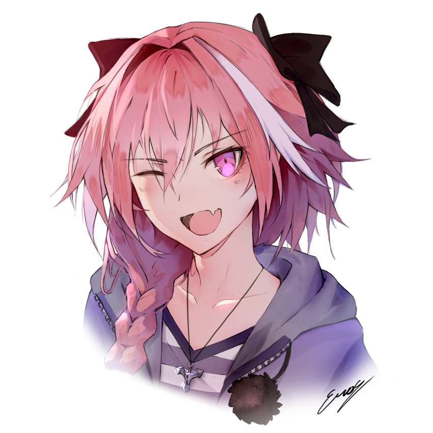 ;d absurdres astolfo_(fate) bangs black_bow black_ribbon bow braid collarbone commentary english_commentary erospanda eyebrows_visible_through_hair fang fate/apocrypha fate_(series) hair_between_eyes hair_bow hair_intakes hair_over_shoulder hair_ribbon head_tilt highres hood hood_down hoodie long_hair looking_at_viewer male_focus multicolored_hair one_eye_closed open_clothes open_hoodie open_mouth otoko_no_ko pink_eyes pink_hair pom_pom_(clothes) portrait purple_hoodie purple_shirt revision ribbon shirt sidelocks signature simple_background single_braid smile solo streaked_hair striped striped_shirt tsurime white_background white_shirt zipper