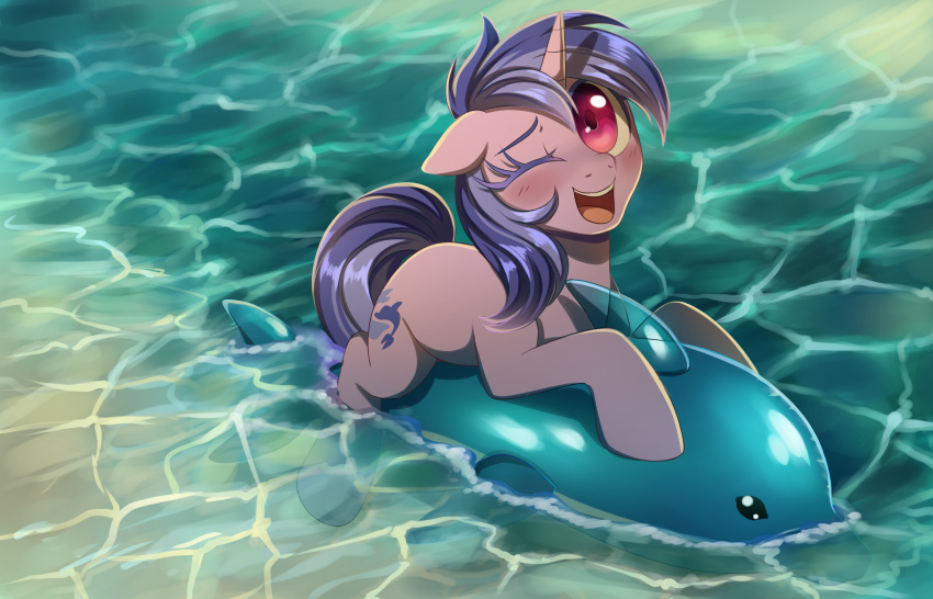 2018 blush cute cutie_mark equine eyebrows eyelashes female feral floating floppy_ears friendship_is_magic hair hi_res hooves horn inanimate_object inflatable looking_at_viewer mammal momomistress my_little_pony nude one_eye_closed open_mouth open_smile outside pool_toy portrait purple_eyes purple_hair sea sea_swirl_(mlp) smile solo teeth tongue unicorn water wink