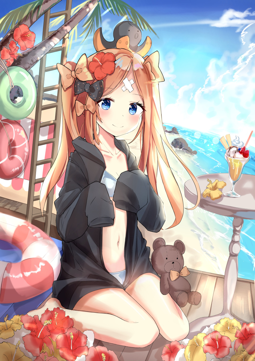 abigail_williams_(fate/grand_order) absurdres animal animal_on_head bangs bare_legs barefoot beach bikini black_jacket blonde_hair blue_bikini blue_eyes blue_sky blush bow closed_mouth cloud collarbone commentary_request crazy_straw crossed_bandaids day drinking_straw dutch_angle eyebrows_visible_through_hair fate/grand_order fate_(series) flower hair_bow hair_flower hair_ornament hands_up heart_straw highres hood hood_down hooded_jacket horizon innertube jacket long_hair long_sleeves navel ocean octopus on_head orange_bow outdoors parfait parted_bangs red_flower rock rot_zzi sand sitting sky sleeves_past_fingers sleeves_past_wrists smile solo stuffed_animal stuffed_toy swimsuit teddy_bear twintails very_long_hair wariza water yellow_flower