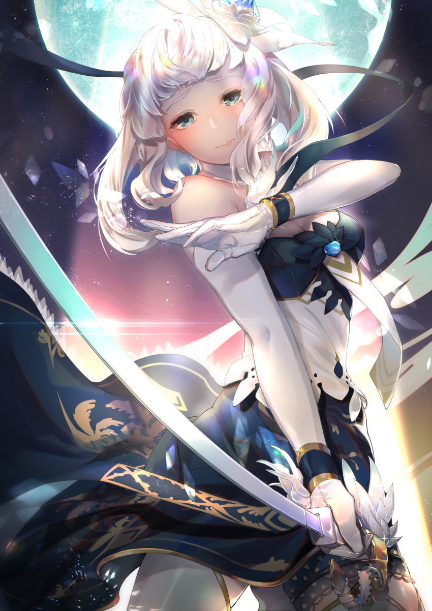 bare_shoulders blue_eyes breasts dress elbow_gloves flower full_moon gloves hair_flower hair_ornament hand_up highres holding holding_sword holding_weapon long_hair looking_at_viewer medium_breasts moon night night_sky sdorica_-sunset- shun_(p-enguin) sione_aldric sky solo standing sword weapon white_gloves white_hair white_legwear