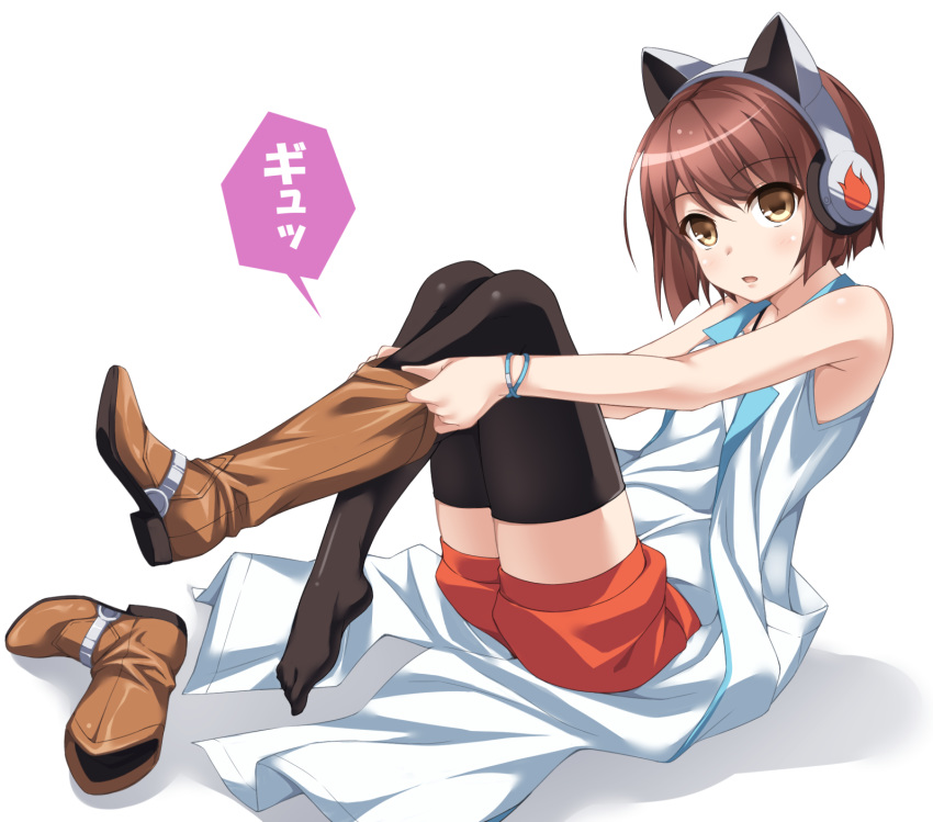 bangs bare_arms bare_shoulders black_legwear blush boot_removed boots bracelet brown_eyes brown_footwear brown_hair cat_ear_headphones coattails commentary_request eyebrows_visible_through_hair from_side full_body headphones highres jewelry kasukabe_you kyuutou_(kyuutouryuu) legs_up looking_to_the_side mondaiji-tachi_ga_isekai_kara_kuru_sou_desu_yo? open_mouth pocket putting_on_boots red_shorts short_hair shorts simple_background single_boot sleeveless sleeveless_coat solo speech_bubble thighhighs translated white_background