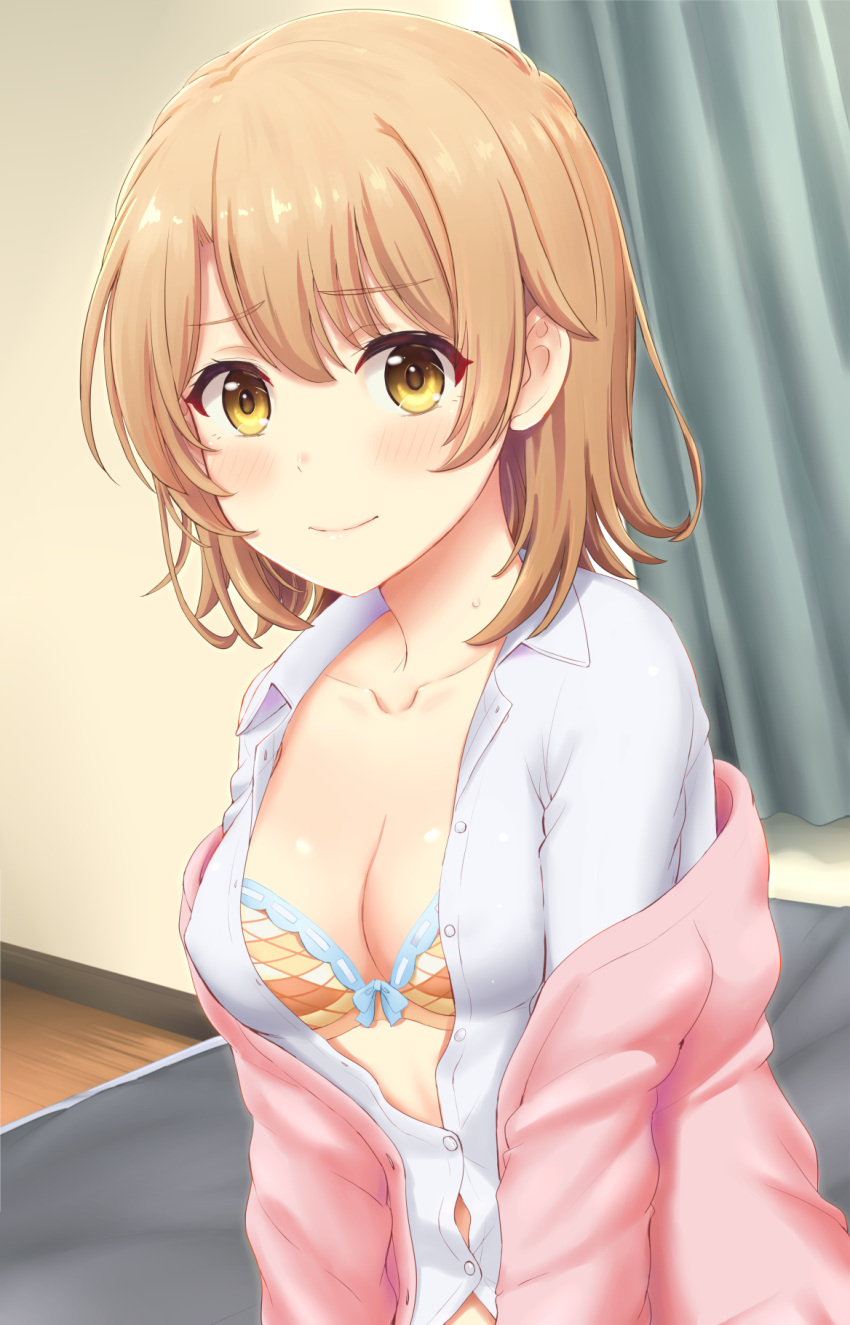 argyle_bra blush bow bow_bra bra breasts brown_eyes brown_hair cardigan cleavage collarbone dutch_angle eyebrows_visible_through_hair highres inanaki_shiki indoors isshiki_iroha looking_at_viewer medium_breasts medium_hair off_shoulder open_clothes open_shirt pink_cardigan shirt smile solo tears underwear white_shirt yahari_ore_no_seishun_lovecome_wa_machigatteiru.