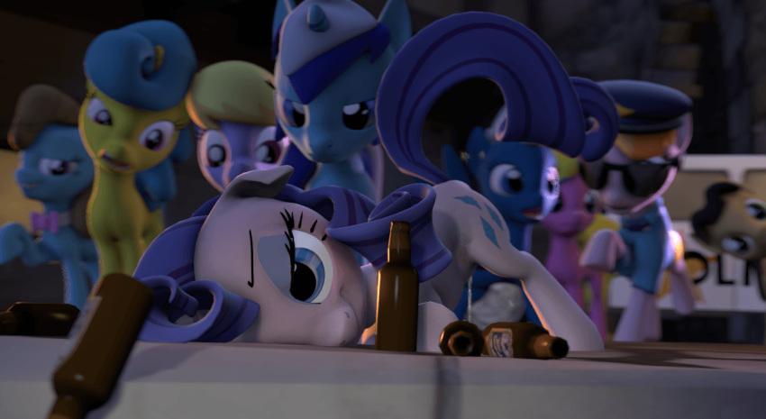 3d_(artwork) alcohol animated ass_up beer beer_bottle beverage cherry_berry_(mlp) clothed clothed_feral clothing cloud_kicker_(mlp) colgate_(mlp) copper_top_(mlp) digital_media_(artwork) drunk female female_focus feral fishimira friendship_is_magic lemon_hearts_(mlp) my_little_pony night_glider_(mlp) omorashi peeing police rarity_(mlp) solo_focus source_filmmaker urine