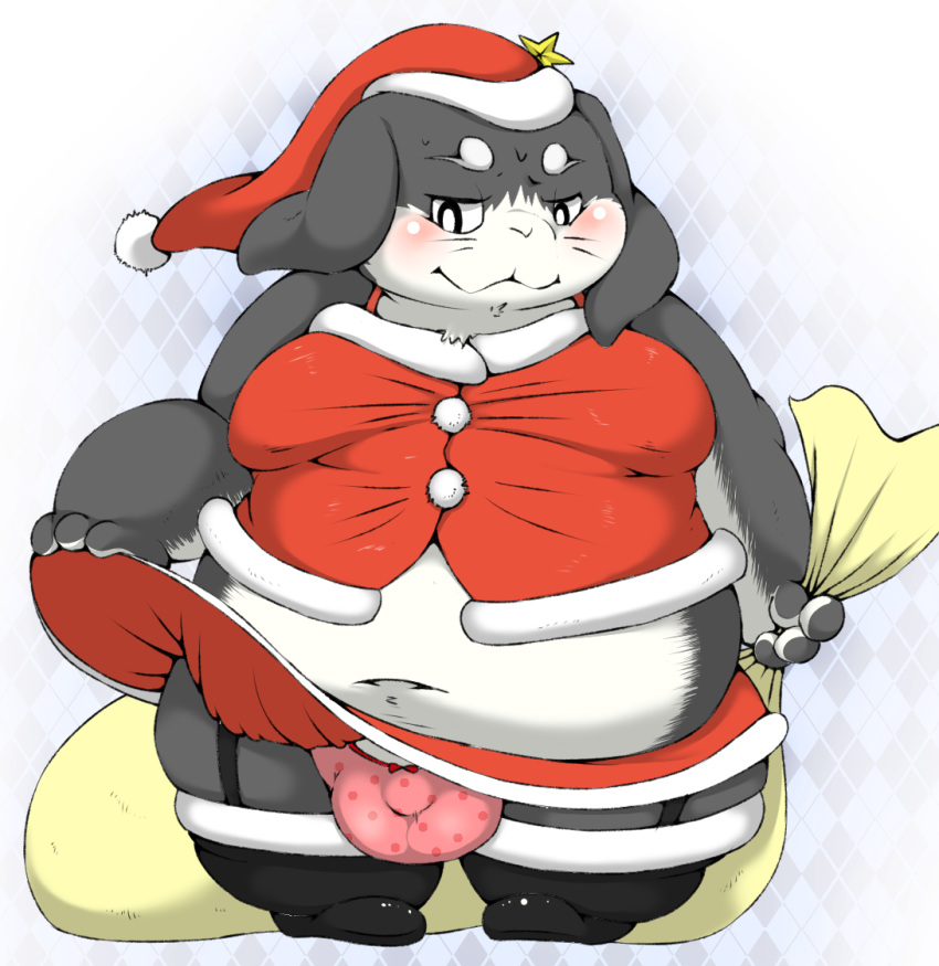 2016 anthro belly big_belly black_eyes blush bulge chubby_cheeks clothed clothing costume digital_media_(artwork) fur girly grey_fur hamatnk lagomorph looking_down male mammal moobs navel obese overweight overweight_male panties rabbit santa_costume solo standing underwear white_fur