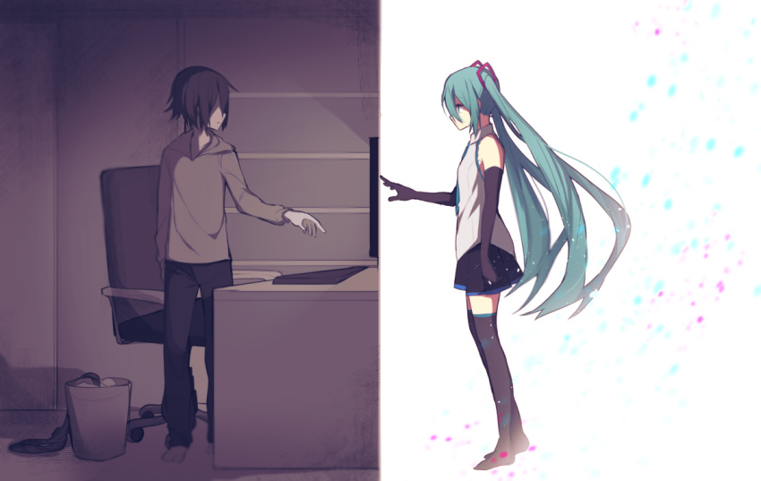1girl aqua_hair arm_at_side black_hair black_legwear chair computer desk elbow_gloves gloves hand_up hatsune_miku indoors keyboard light_particles long_hair looking_to_the_side master_(vocaloid) monitor no_eyes office_chair outstretched_hand partially_colored profile reaching shitoo short_hair split_screen standing thighhighs trash_can twintails vocaloid