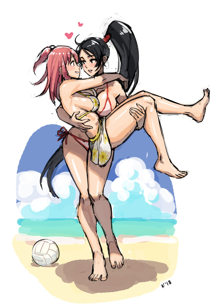 absurdres ball bare_arms bare_legs bare_shoulders barefoot beach beach_volleyball bikini black_eyes black_hair blush breasts brown_eyes carrying cleavage cloud commentary day dead_or_alive dead_or_alive_5 english_commentary eyebrows_visible_through_hair face-to-face floral_print full_body hands_up happy heart highres honoka_(doa) large_breasts long_hair looking_at_another mariel_cartwright momiji_(ninja_gaiden) multiple_girls ninja_gaiden outdoors pink_hair ponytail princess_carry profile sand side-tie_bikini side_ponytail sideboob sky smile standing sweat swimsuit thighs very_long_hair volleyball white_bikini yuri