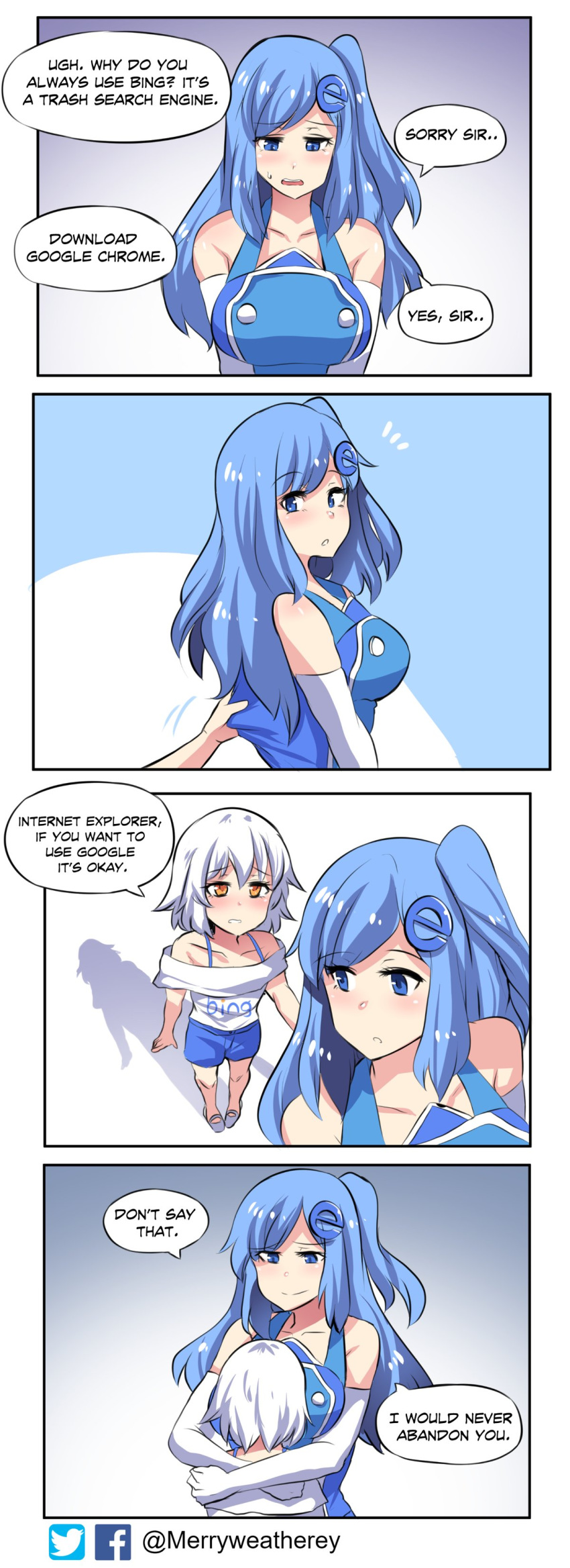 4koma absurdres blue_eyes blue_gloves blue_hair breasts comic elbow_gloves english gloves hair_ornament hairclip hairpin height_difference highres hinghoi hug internet_explorer large_breasts long_hair microsoft_bing multiple_girls one_side_up orange_eyes os-tan pigeon-toed short_hair shorts stitched sweat third-party_edit twitter_username white_gloves white_hair windows