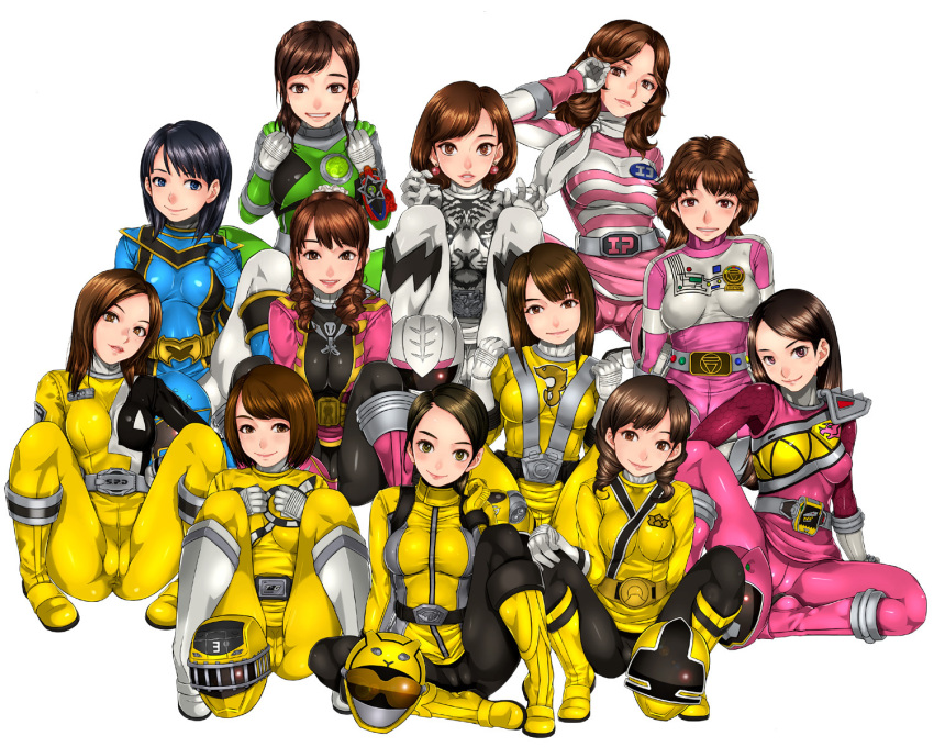 6+girls ahim_de_famille amu_(doubutsu_sentai_zyuohger) amy_yuzuki arm_up black_hair blue_clothes blue_eyes blush bodysuit boots breasts brown_eyes brown_hair cameltoe choudenshi_bioman closed_mouth denshi_sentai_denziman doubutsu_sentai_zyuohger drill_hair earrings engine_sentai_go-onger full_body gloves groin hammy hanaori_kotoha hands_on_own_chest helmet highres hikaru_(bioman) jewelry kaizoku_sentai_gokaiger large_breasts legs long_hair looking_at_viewer mahou_sentai_magiranger matching_hair/eyes medium_breasts mio_(ressha_sentai_toqger) momoi_akira multiple_girls ozu_urara parted_lips pink_clothes ponytail red_eyes reimon_marika ressha_sentai_toqger rouyama_saki sakuradou samurai_sentai_shinkenger scarf short_hair simple_background sitting small_breasts smile spread_legs super_sentai thighs tokumei_sentai_go-busters tokusou_sentai_dekaranger twin_drills uchu_sentai_kyuranger usami_youko white_background white_clothes yellow_clothes yellow_eyes zyuden_sentai_kyoryuger