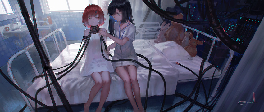 :&lt; backlighting bangs barefoot bed bird black_hair blunt_bangs bob_cut brown_eyes bunny commentary computer crying cup dark dress frown grey_eyes hair_ornament hairclip highres hose hospital hospital_bed hospital_gown id_card indoors long_hair looking_away multiple_girls on_bed original penguin pillow red_hair reoen sad science_fiction short_hair signature sink sitting sitting_on_bed sleeveless sleeveless_dress stuffed_animal stuffed_toy sunlight sweatdrop tears teddy_bear toothbrush white_dress window
