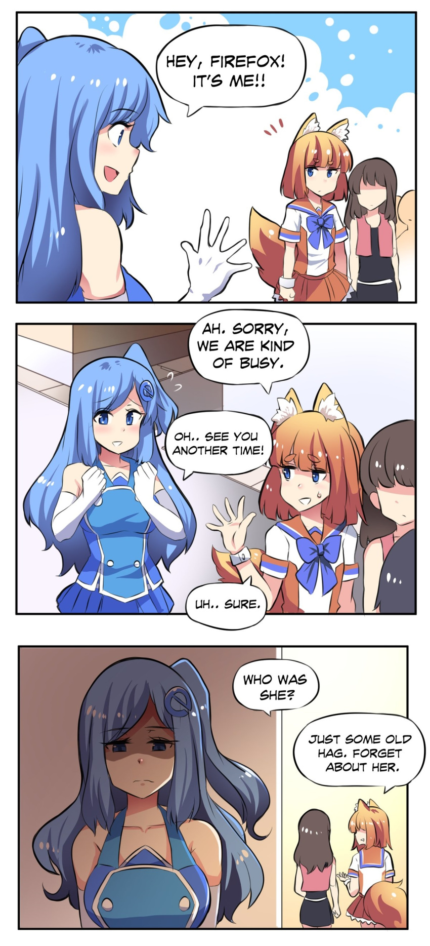 3koma absurdres animal_ears bangs blue_eyes blue_hair breasts comic elbow_gloves english firefox flat_chest flying_sweatdrops fox_ears fox_tail gloves highres hinghoi internet_explorer large_breasts long_hair medium_hair microsoft multiple_girls one_side_up os-tan personification sad sailor_collar stitched sweat tail third-party_edit white_gloves