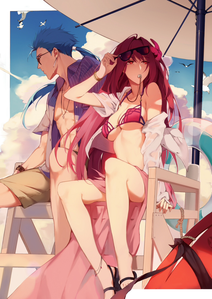 1girl alternate_costume anklet beach beach_umbrella bikini bird blue_hair blue_sky bracelet breasts buoy cloud cloudy_sky commentary_request day earrings fate/grand_order fate_(series) flower hair_flower hair_intakes hair_ornament hibiscus highres jacket jewelry lancer large_breasts lifeguard_chair looking_away looking_to_the_side navel off_shoulder open_clothes open_shirt pink_bikini ponytail purple_bikini purple_hair red_eyes reroi sandals sarong scathach_(fate)_(all) scathach_(swimsuit_assassin)_(fate) seagull shorts sky sunglasses sweat swimsuit umbrella whistle