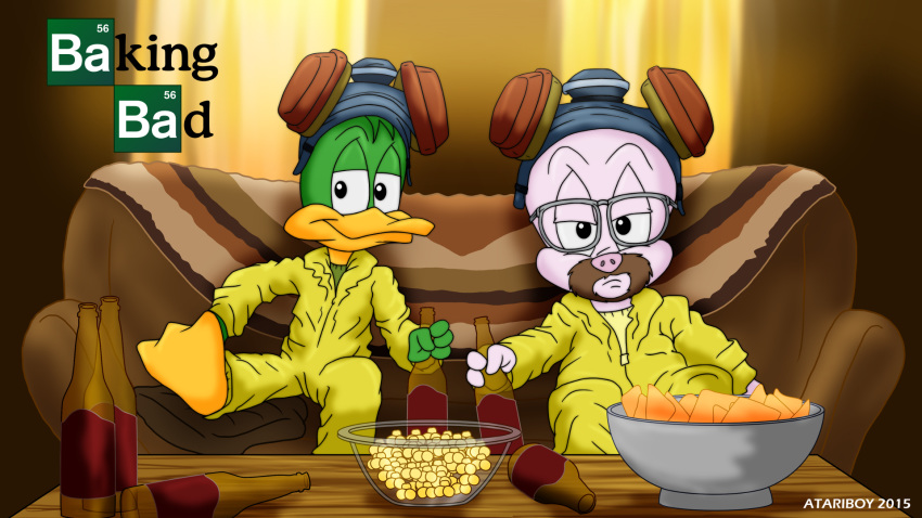 2015 alcohol atariboy2600 avian beard beer beverage bio_suit bird bowl breaking_bad chips_(food) clothing duck eyewear facial_hair food gas_mask glasses hamton_j_pig jesse_pinkman mammal mask parody pig plucky_duck popcorn porcine potato_chips sofa table tiny_toon_adventures walter_white warner_brothers