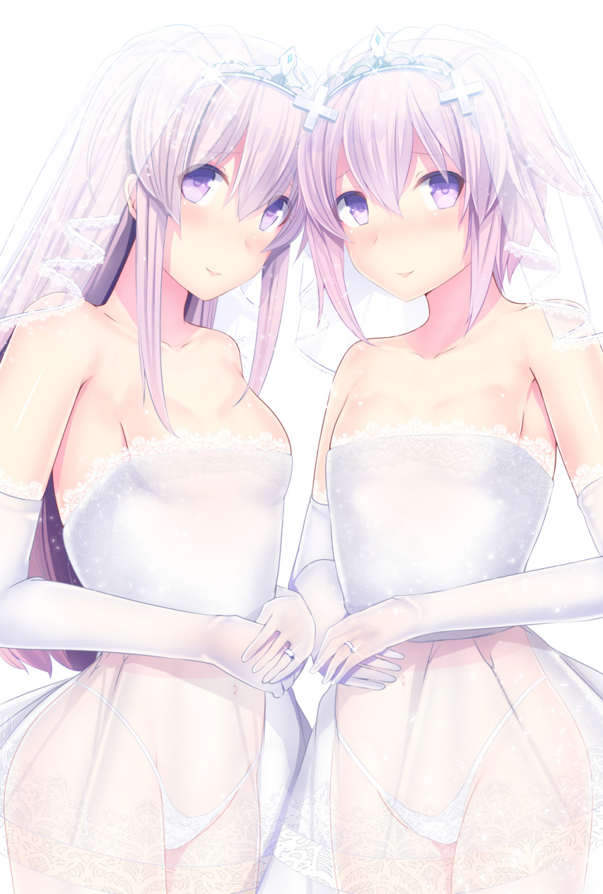 bare_shoulders blush breasts bridal_veil cleavage collarbone d-pad d-pad_hair_ornament daiaru dress elbow_gloves flat_chest gloves hair_between_eyes hair_ornament highleg highleg_panties highres holding jewelry long_hair multiple_girls nepgear neptune_(choujigen_game_neptune) neptune_(series) panties purple_eyes purple_hair ring see-through short_hair siblings simple_background sisters small_breasts smile strapless strapless_dress tiara underwear veil wedding_dress wedding_ring white_background white_gloves white_panties