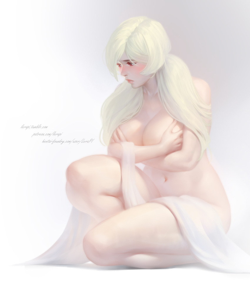 1girl artist_progress blush breasts cleavage commentary covering covering_breasts curvy english_commentary hair_over_shoulder hentai-foundry_username highres kneeling large_breasts lera_pi lips long_hair looking_away looking_down low_twintails naked_towel navel nose nose_blush nude original pale_skin patreon_username pinup platinum_blonde_hair realistic red_eyes revision shy solo towel tumblr_username twintails watermark web_address white white_background