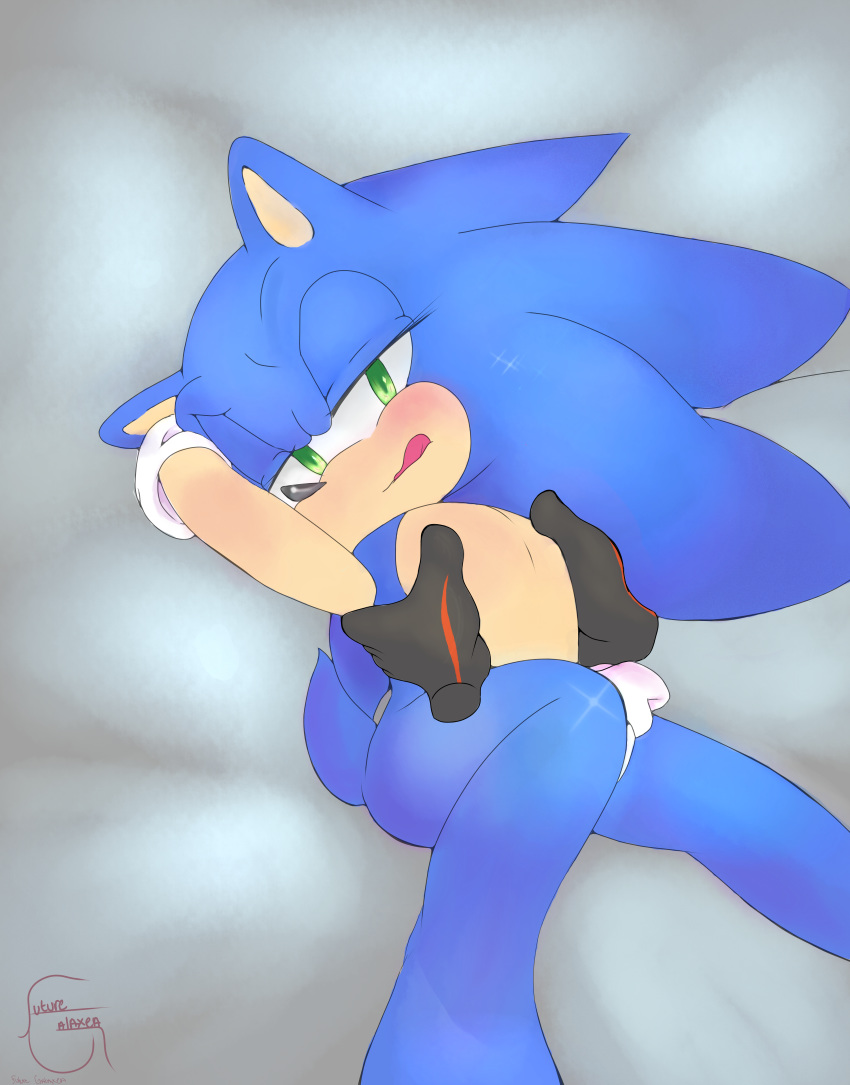 anthro blue_fur blush disembodied_hand duo fur futuregalaxea green_eyes half-closed_eyes hedgehog looking_at_viewer male mammal masturbation nipple_play shadow_the_hedgehog signature solo_focus sonic_(series) sonic_the_hedgehog tongue tongue_out