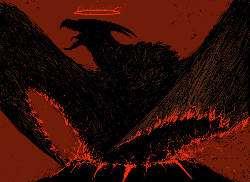 bird_wings claws commentary english_commentary fangs fire godzilla:_king_of_the_monsters godzilla_(series) halo horns kaijuu large_wings molten_rock monster no_humans open_mouth red_background rock rodan rodan_(godzilla:_king_of_the_monsters) scales sharp_teeth teeth volcano wings
