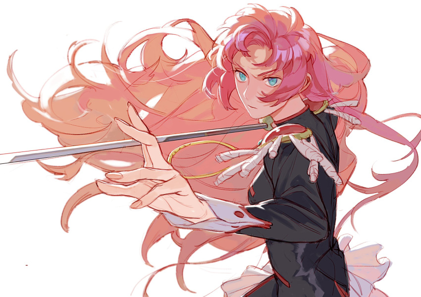 black_jacket blue_eyes closed_mouth commentary_request epaulettes fighting_stance fingernails floating_hair highres holding holding_sword holding_weapon jacket long_hair long_sleeves misaq pink_hair rapier shoujo_kakumei_utena solo sword tenjou_utena upper_body very_long_hair weapon