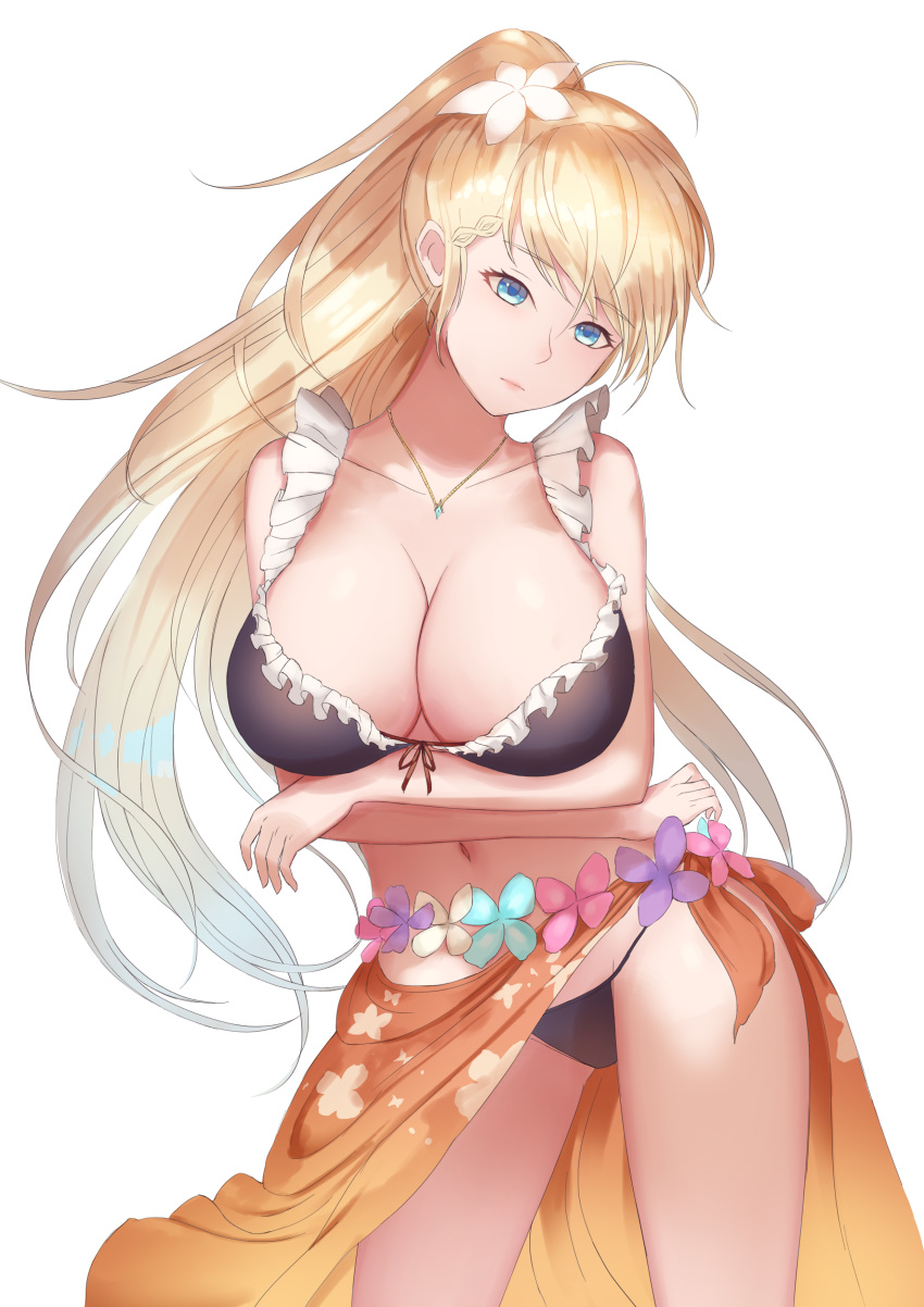 absurdres ahoge alternate_costume alternate_hairstyle arms_under_breasts bad_id bad_pixiv_id bangs bikini black_bikini blonde_hair blue_eyes blush braid breasts cleavage closed_mouth collarbone commentary crown_braid eyebrows_visible_through_hair floral_print flower g36_(girls_frontline) girls_frontline gradient_hair gradient_sarong groin hair_between_eyes hair_flower hair_ornament head_tilt highres jewelry long_hair looking_at_viewer maid_bikini medium_breasts multicolored_hair navel necklace orange_sarong ponytail print_sarong rinmmo sapphire_(stone) sarong sidelocks silver_hair simple_background solo stomach swimsuit thighs very_long_hair white_background