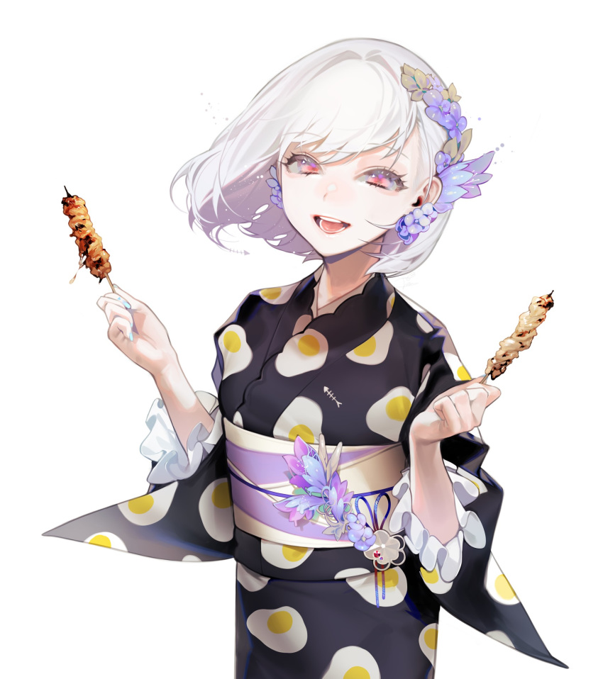 aqua_nails bangs black_kimono bob_cut commentary cowboy_shot earrings eyebrows_visible_through_hair eyelashes fingernails fish_skeleton flower flower_earrings flower_request food food_print fried_egg frilled_sleeves frills from_above grey_hair hair_flower hair_ornament hands_up happy highres holding holding_food holding_skewer japanese_clothes jewelry kimono light_particles lips long_sleeves looking_at_viewer meat nail_polish obi ohisashiburi open_mouth original parted_bangs purple_sash red_eyes sash shiny shiny_skin short_hair signature simple_background skewer smile solo standing symbol_commentary tassel teeth white_background white_frills white_sash wide_sleeves wind yukata