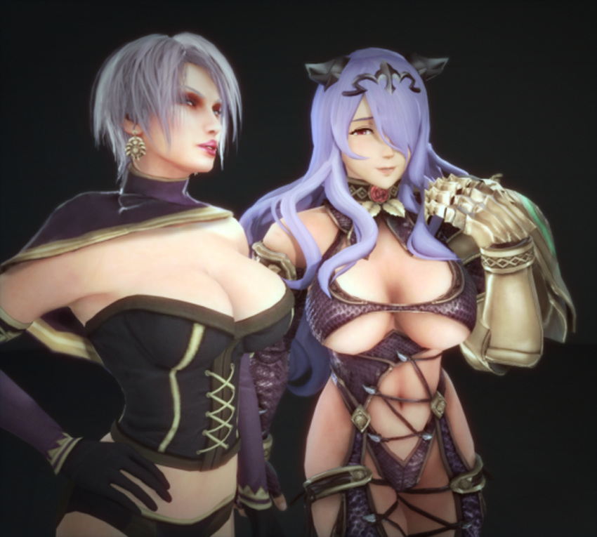2girls 3d armlet armor bandai bangs black_background black_cape black_panties blue_eyes bodysuit breasts camilla_(fire_emblem_if) camilla_(fire_emblem_if)_(cosplay) cape claw cleavage cleavage_cutout corset cosplay costume_switch covered_navel crossover earrings edited elbow_gloves fire_emblem garter_straps gauntlets gloves hair_over_one_eye hand_on_hip headpiece highleg highleg_leotard isabella_valentine isabella_valentine_(cosplay) jewelry large_breasts legwear leotard lips lipstick long_hair makeup midriff multiple_girls namco naughty_face naughty_smile nintendo panties parted_lips pauldrons purple_gloves purple_hair purple_legwear red_eyes resized revealing_clothes short_hair silver_hair simple_background single_gauntlet smile soul_calibur soulcalibur soulcalibur_v source_filmmaker standing thighhighs third-party_edit turtleneck underboob underwear upper_body upscaled