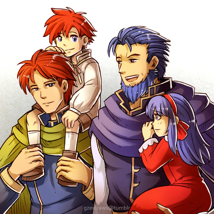 3boys beard blue_eyes blue_hair carrying cloak commentary dress eliwood_(fire_emblem) english_commentary facial_hair father_and_daughter father_and_son fire_emblem fire_emblem:_fuuin_no_tsurugi gzei hector_(fire_emblem) highres lilina multiple_boys purple_eyes red_hair roy_(fire_emblem) smile