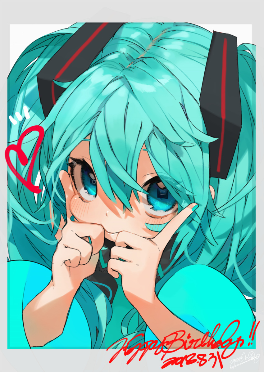aqua_hair aqua_nails aqua_neckwear bangs bare_shoulders blue_eyes blush border close-up commentary_request dated detached_sleeves eyes_visible_through_hair gotoh510 grey_border grey_vest hair_between_eyes hands_up happy_birthday hatsune_miku heart highres index_fingers_raised leaning_forward long_hair long_sleeves looking_at_viewer nail_polish necktie simple_background smile solo twintails vest vocaloid white_background wide_sleeves