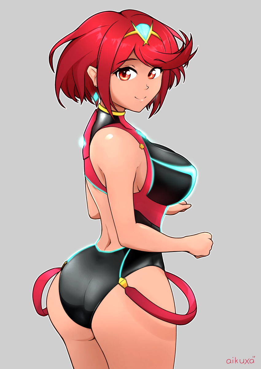 1girl aikuxa ass bare_arms bare_shoulders black_swimsuit blush breasts casual_one-piece_swimsuit covered_nipples hair_between_eyes headgear homura_(xenoblade_2) large_breasts looking_at_viewer looking_back nintendo one-piece_swimsuit red_eyes red_hair short_hair sideboob smile solo standing swimsuit xenoblade_(series) xenoblade_2