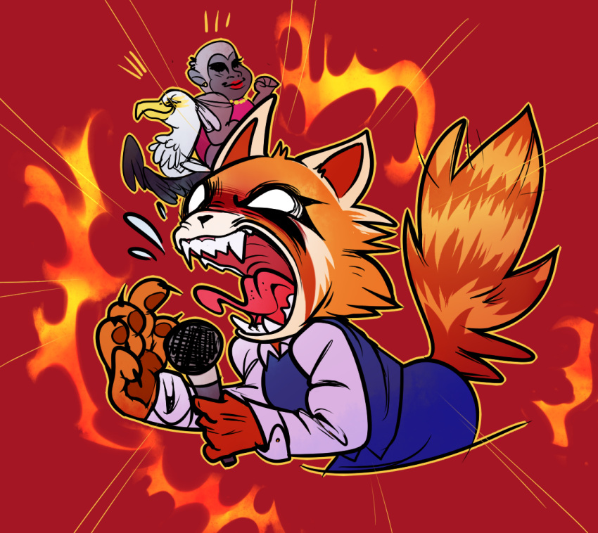 2018 aggressive_retsuko anthro ape avian beak bird clothed clothing dress eyes_closed female foolypoly fur gori_(aggressive_retsuko) gorilla hi_res mammal primate red_panda retsuko sanrio secretary_bird washimi