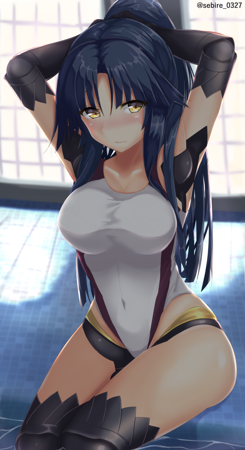 absurdres arms_behind_head black_hair blush breasts bunching_hair collarbone commentary_request competition_swimsuit covered_navel fate/grand_order fate_(series) highres katou_danzou_(fate/grand_order) large_breasts long_hair one-piece_swimsuit poolside robot_joints sebire sitting solo swimsuit taut_clothes taut_swimsuit twitter_username wavy_mouth white_swimsuit window yellow_eyes