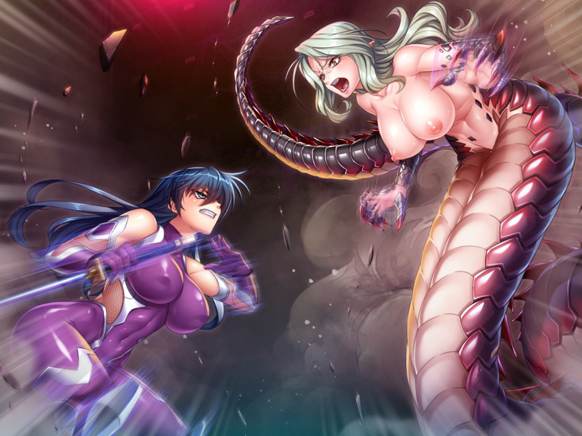 2girls black_hair breasts censored clenched_teeth game_cg igawa_asagi kagami_hirotaka katana lamia large_breasts long_hair monster_girl multiple_girls open_mouth snake_lady sword taimanin_(series) taimanin_asagi taimanin_asagi_zero teeth weapon