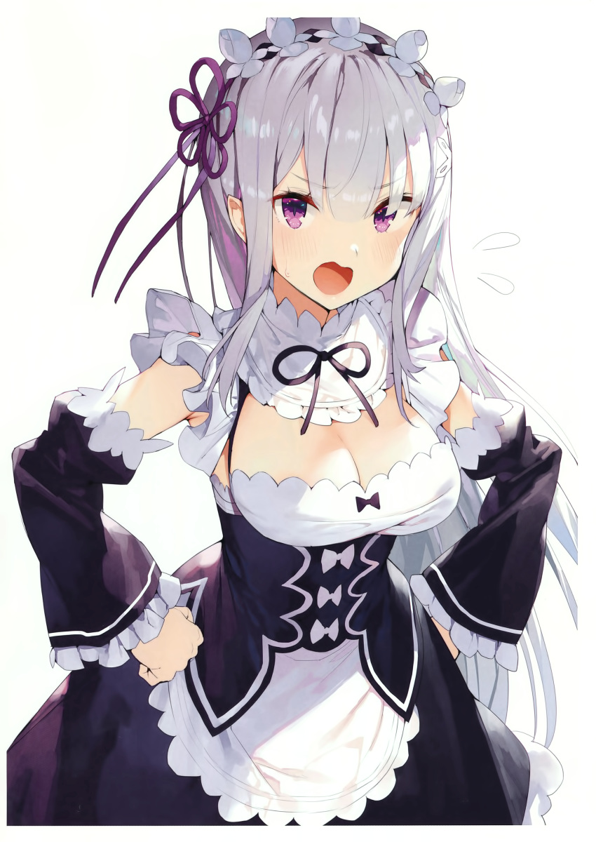 :o absurdres alternate_costume apron blush breasts cleavage cosplay detached_sleeves dress emilia_(re:zero) enmaided frill_trim hair_ribbon hairband hands_on_hips highres large_breasts lolita_hairband long_hair long_sleeves maid matsui_hiroaki pointy_ears purple_eyes re:zero_kara_hajimeru_isekai_seikatsu rem_(re:zero) rem_(re:zero)_(cosplay) ribbon scan sidelocks silver_hair solo sweatdrop waist_apron wide_sleeves