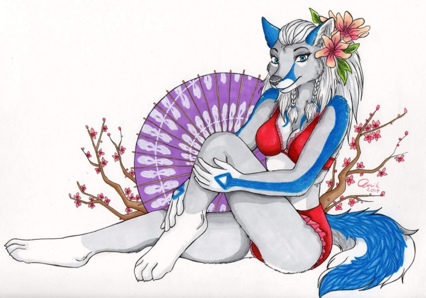 2017 4_toes 5_fingers anthro arctic_fox biped blue_eyes blue_fur blue_lips blue_markings blue_tail bra braided_hair branch breasts canine cherry_blossom cleavage clothed clothing countershade_tail countershade_torso countershading directional_arrow eyelashes facial_markings female flower flower_in_hair fox frilly full-length_portrait fur grey_fur grey_nose hair holding_leg humanoid_hands inner_ear_fluff lingerie long_hair looking_at_viewer mammal markings medium_breasts midriff multicolored_fur panties pigtails pinup plant portrait pose q-nik raised_leg simple_background sitting skimpy smile snout solo svetlana_snowpaw toes traditional_media_(artwork) twin_braids two_tone_tail umbrella underwear wagasa white_background white_countershading white_fur white_hair white_tail