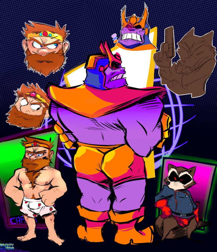 2018 alien anthro arthur(ghosts_'n_goblins) beard brown_hair bulge butt clothed clothing facial_hair group guardians_of_the_galaxy hair human humanoid male mammal marvel muscular muscular_male mustache nipples pecs penis_outline procyonid raccoon rocket_raccoon thanos topless torquewintress underwear