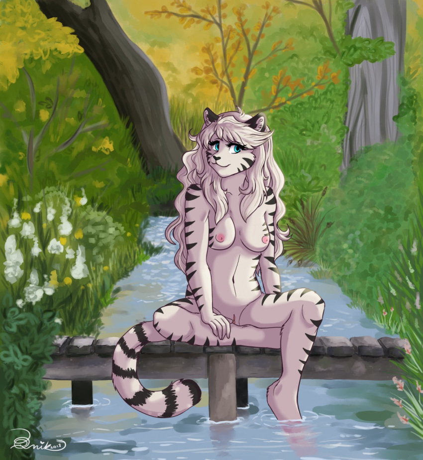 2018 5_fingers anthro biped black_fur black_nose black_stripes black_tail blue_eyes breasts bridge cheek_tuft collarbone crossed_legs digital_drawing_(artwork) digital_media_(artwork) eyelashes feline female flower front_view fur grass hair hand_on_leg humanoid_hands inner_ear_fluff kisa_schatz leaf lighting long_hair looking_aside looking_away mammal medium_breasts nature navel nipples nude outside partially_submerged pink_nipples pink_pussy pinup plant pose pussy q-nik reflection river shadow shrub signature sitting smile solo striped_fur striped_tail stripes tiger tiger_stripes tree tuft two_tone_tail water water_reflection white_fur white_hair white_tail white_tiger