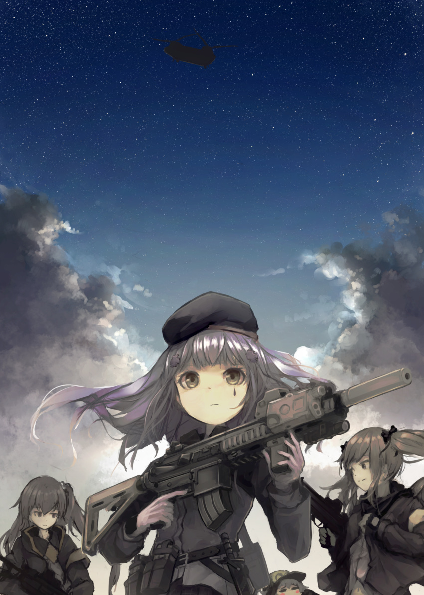 4girls aircraft ammunition ammunition_belt ammunition_pouch armband assault_rifle bangs beret black_hat black_jacket blue_hair blunt_bangs boeing_c-17 brown_eyes brown_hair ch-47_chinook closed_eyes closed_mouth cloud cloudy_sky crossed_bangs facial_mark finger_on_trigger fingerless_gloves g11_(girls_frontline) girls_frontline gloves green_eyes green_hat green_jacket grey_hair gun h&amp;k_ump h&amp;k_ump45 hair_between_eyes hair_ornament hairclip hat heckler_&amp;_koch helicopter highres hk416 hk416_(girls_frontline) holding holding_gun holding_weapon hood hood_down hooded_jacket jacket knife looking_at_another looking_at_viewer magazine_(weapon) messy_hair military multiple_girls one_side_up open_clothes open_jacket pouch rifle scar scar_across_eye scarf_on_head sky smile star_(sky) starry_sky submachine_gun suginakara_(user_ehfp8355 teardrop ump45_(girls_frontline) ump9_(girls_frontline) weapon