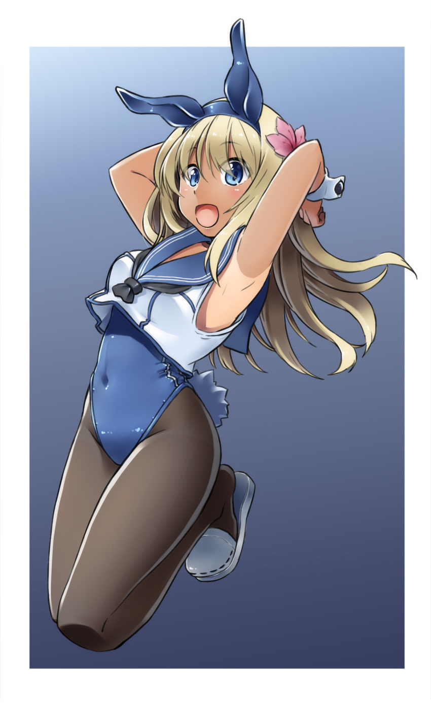 :d adapted_costume alto-00 animal_ears arms_behind_head black_neckwear blonde_hair blue_background blue_eyes blue_leotard blue_sailor_collar bunny_ears bunny_girl bunny_tail bunnysuit crop_top gradient gradient_background highres kantai_collection leotard long_hair neckerchief one-piece_tan open_mouth pantyhose ro-500_(kantai_collection) sailor_collar slippers smile solo strapless strapless_leotard tail tan tanline wrist_cuffs