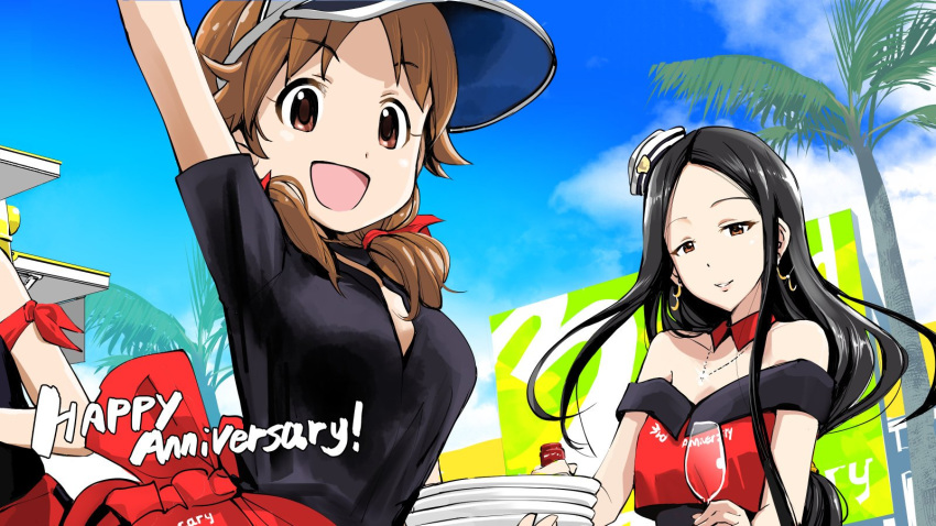 :d anniversary apron armband bangs black_hair black_shirt blue_sky breasts brown_eyes brown_hair collared_shirt commentary cup day detached_collar dot_nose drinking_glass earrings eyebrows_visible_through_hair han_nigo hat highres hiiragi_shino idolmaster idolmaster_cinderella_girls idolmaster_cinderella_girls_starlight_stage jewelry katagiri_sanae large_breasts light_smile long_hair looking_at_viewer low_twintails medium_hair mini_hat multiple_girls necklace open_mouth out_of_frame outdoors palm_tree part_time_job plate plate_stack sailor_hat shirt short_sleeves sky smile takagaki_kaede tilted_headwear tree twintails unbuttoned unbuttoned_shirt very_long_hair visor_cap wine_glass
