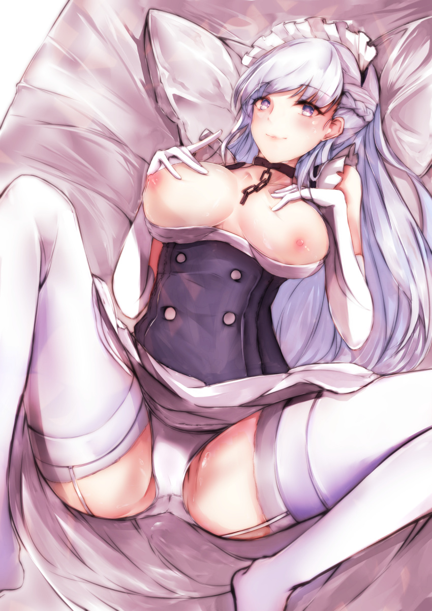 apron areolae ass azur_lane bangs bed belfast_(azur_lane) blue_eyes blush braid breasts breasts_outside chain closed_mouth collar collarbone commentary_request corset dress elbow_gloves eyebrows_visible_through_hair french_braid frills garter_straps gloves hands_on_own_chest highres large_breasts long_hair looking_at_viewer lying maid maid_headdress nipples no_shoes on_back on_bed otsunabe_(naabe_delta) panties pillow shiny shiny_skin silver_hair smile solo spread_legs sweat thighhighs thighs underwear white_gloves white_legwear