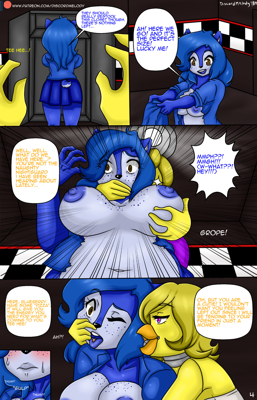 anthro avian big_breasts blush breasts chica_(fnaf) cleavage clothed clothing comic dim discordmelody female five_nights_at_freddy's freckles ground_squirrel imminent_rape mammal nipples surprise video_games